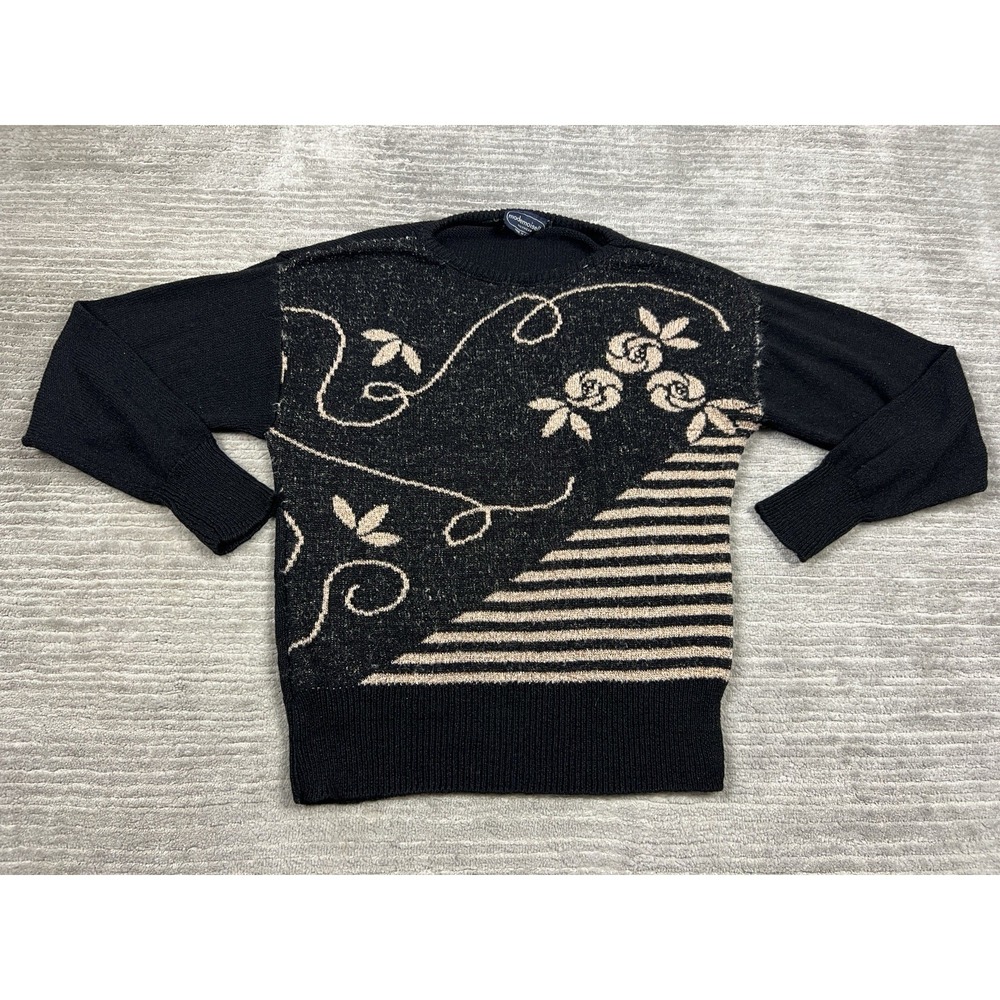 Mademoiselle Sweater Womens Medium Black Floral Metallic Long Sleeve Made USA